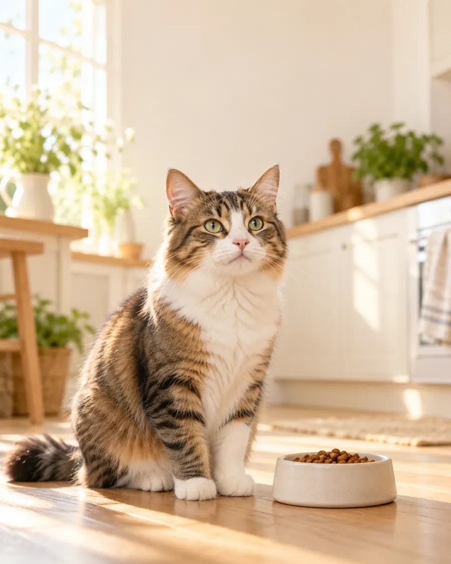 Gato atigrado junto a su plato de croquetas: alimento para gatos con problemas hepáticos