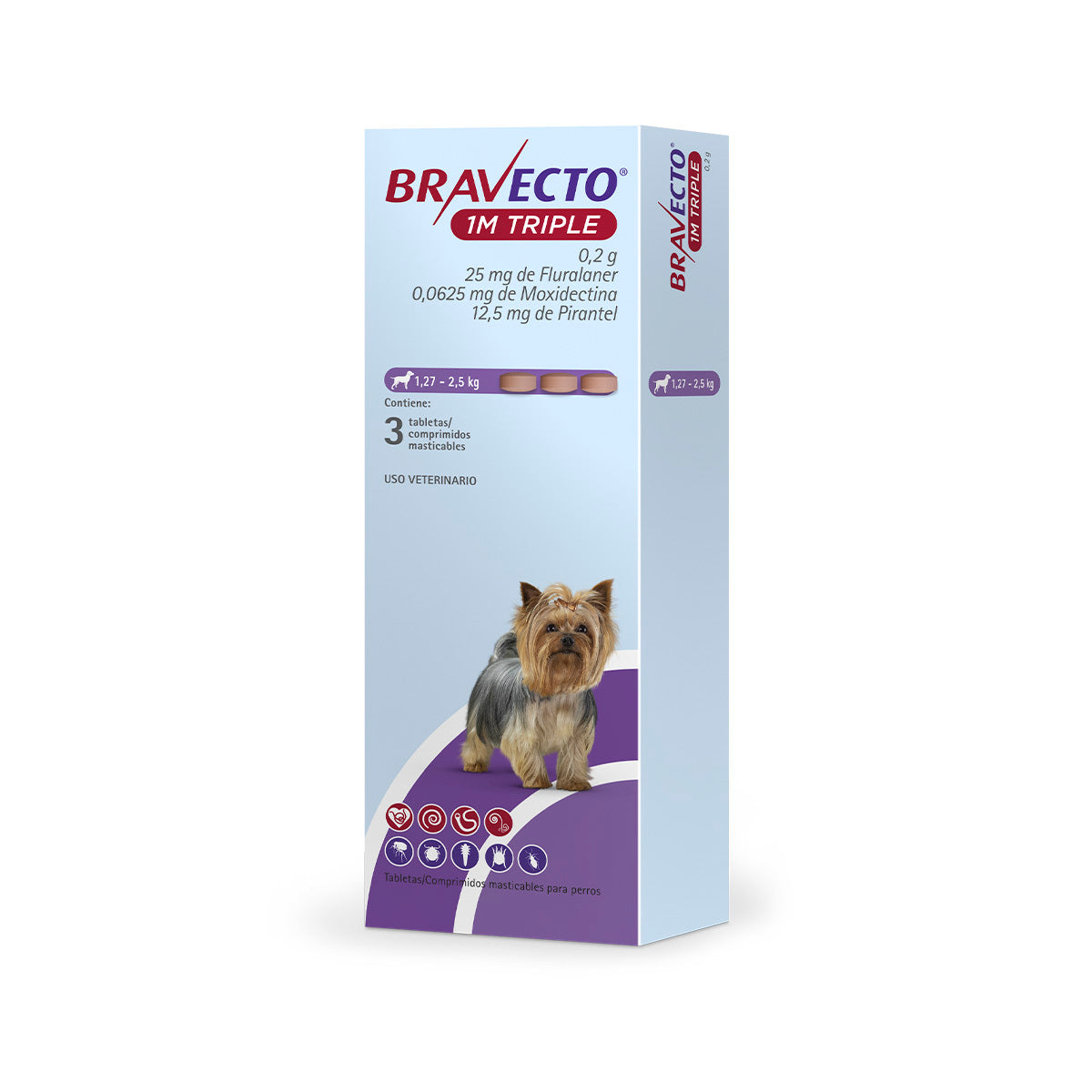 Bravecto 1M Triple, desparasitante para perro de 1.27 a 2.5 kg, caja con 3 tabletas masticables (fluralaner, moxidectina y pirantel) | NutriPets Monterrey