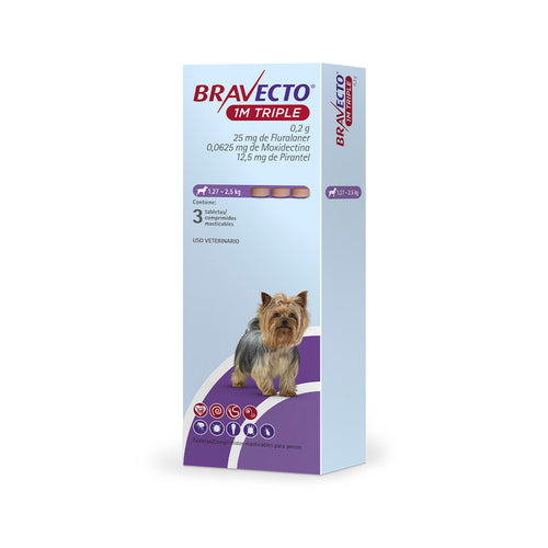 Bravecto 1M Triple, desparasitante para perro de 1.27 a 2.5 kg, caja con 3 tabletas masticables (fluralaner, moxidectina y pirantel) | NutriPets Monterrey