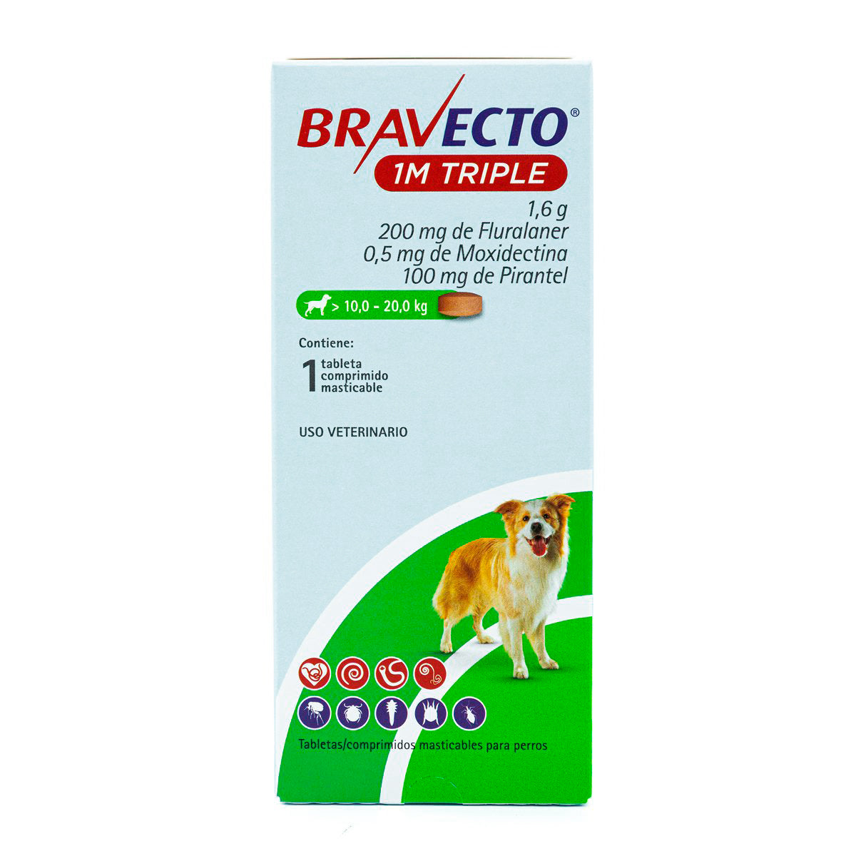 Bravecto 1M Triple, desparasitante para perro de 10 a 20 kg, 1 tableta masticable (fluralaner, moxidectina y pirantel) | NutriPets Monterrey