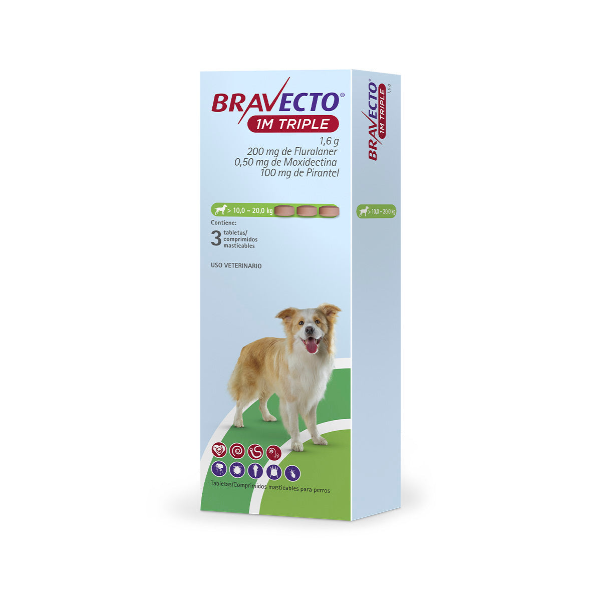 Bravecto 1M Triple, desparasitante para perro de 10 a 20 kg, caja con 3 tabletas masticables (fluralaner, moxidectina y pirantel) | NutriPets Monterrey