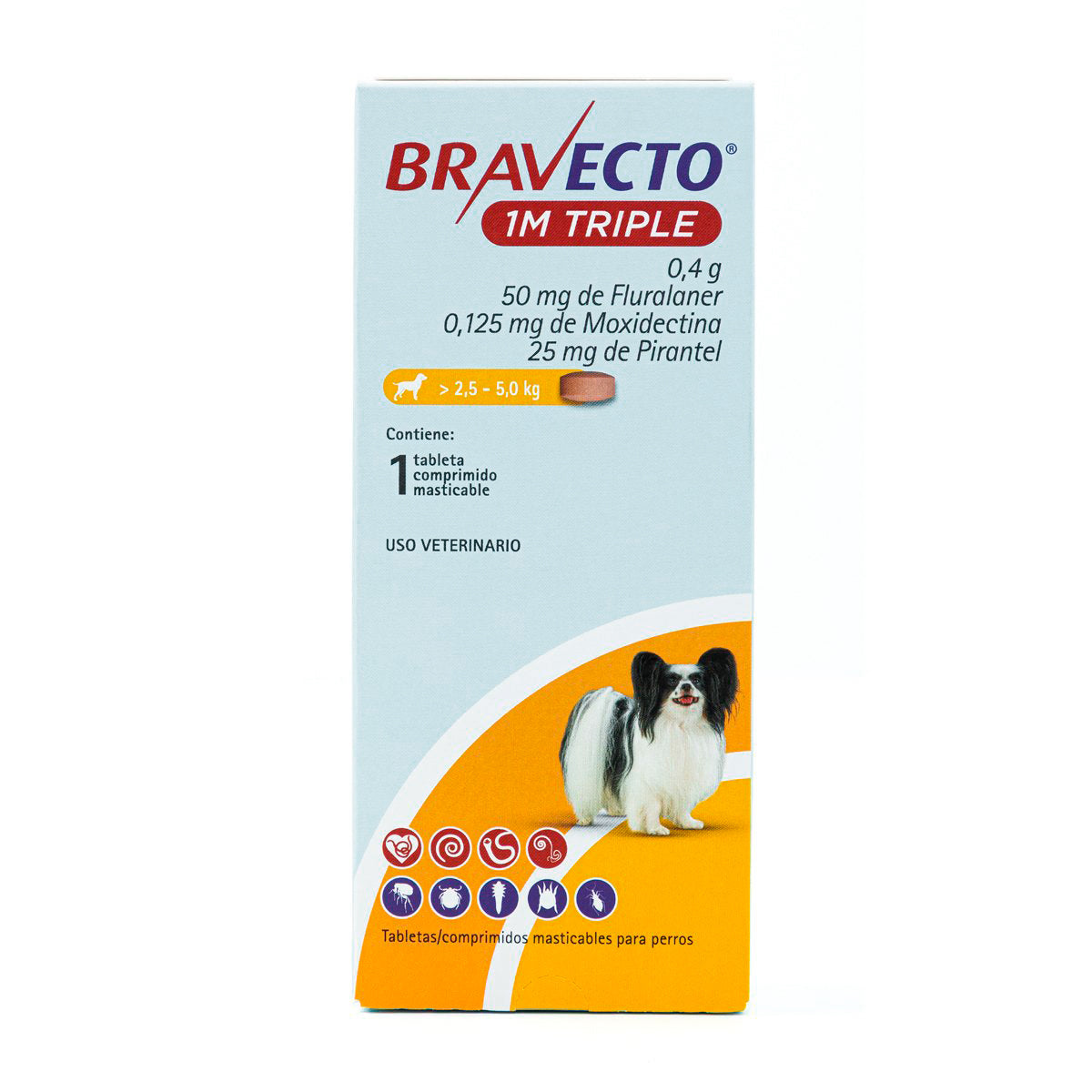 Bravecto 1M Triple, desparasitante para perro de 2.5 a 5 kg, 1 tableta masticable (fluralaner, moxidectina y pirantel) | NutriPets Monterrey
