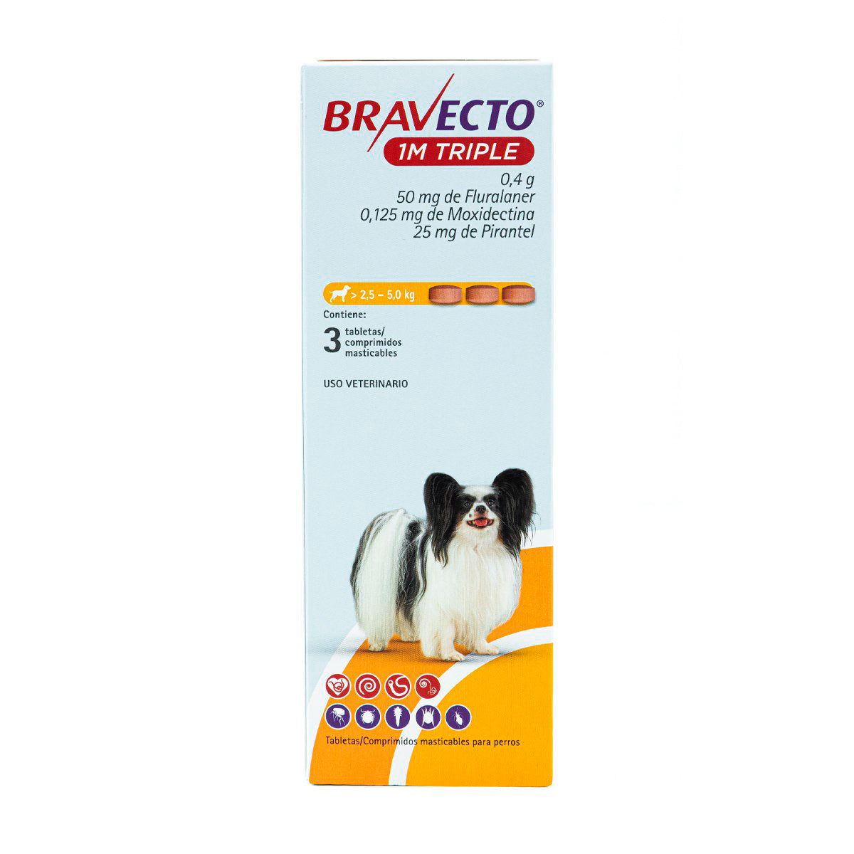 Bravecto 1M Triple, desparasitante para perro de 2.5 a 5 kg, caja con 3 tabletas masticables (fluralaner, moxidectina y pirantel) | NutriPets Monterrey