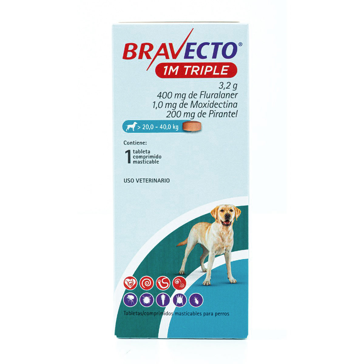 Bravecto 1M Triple, desparasitante para perro de 20 a 40 kg, 1 tableta masticable (fluralaner, moxidectina y pirantel) | NutriPets Monterrey