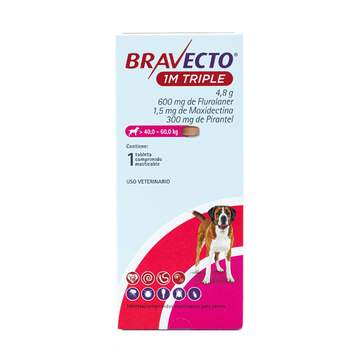 Bravecto 1M Triple, desparasitante para perro de 40 a 60 kg, 1 tableta masticable (fluralaner, moxidectina y pirantel) | NutriPets Monterrey