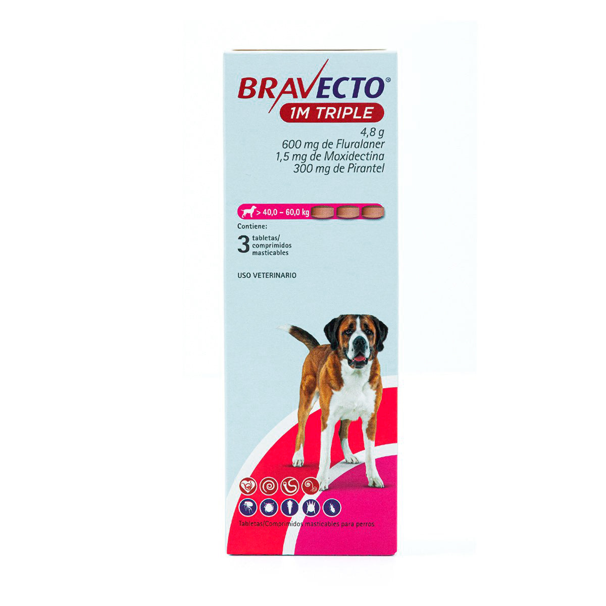 Bravecto 1M Triple, desparasitante para perro de 40 a 60 kg, caja con 3 tabletas masticables (fluralaner, moxidectina y pirantel) | NutriPets Monterrey