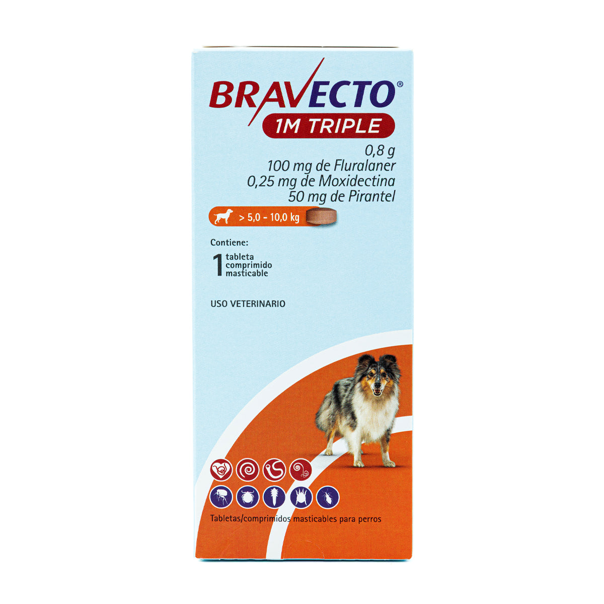 Bravecto 1M Triple, desparasitante para perro de 5 a 10 kg, 1 tableta masticable (fluralaner, moxidectina y pirantel) | NutriPets Monterrey