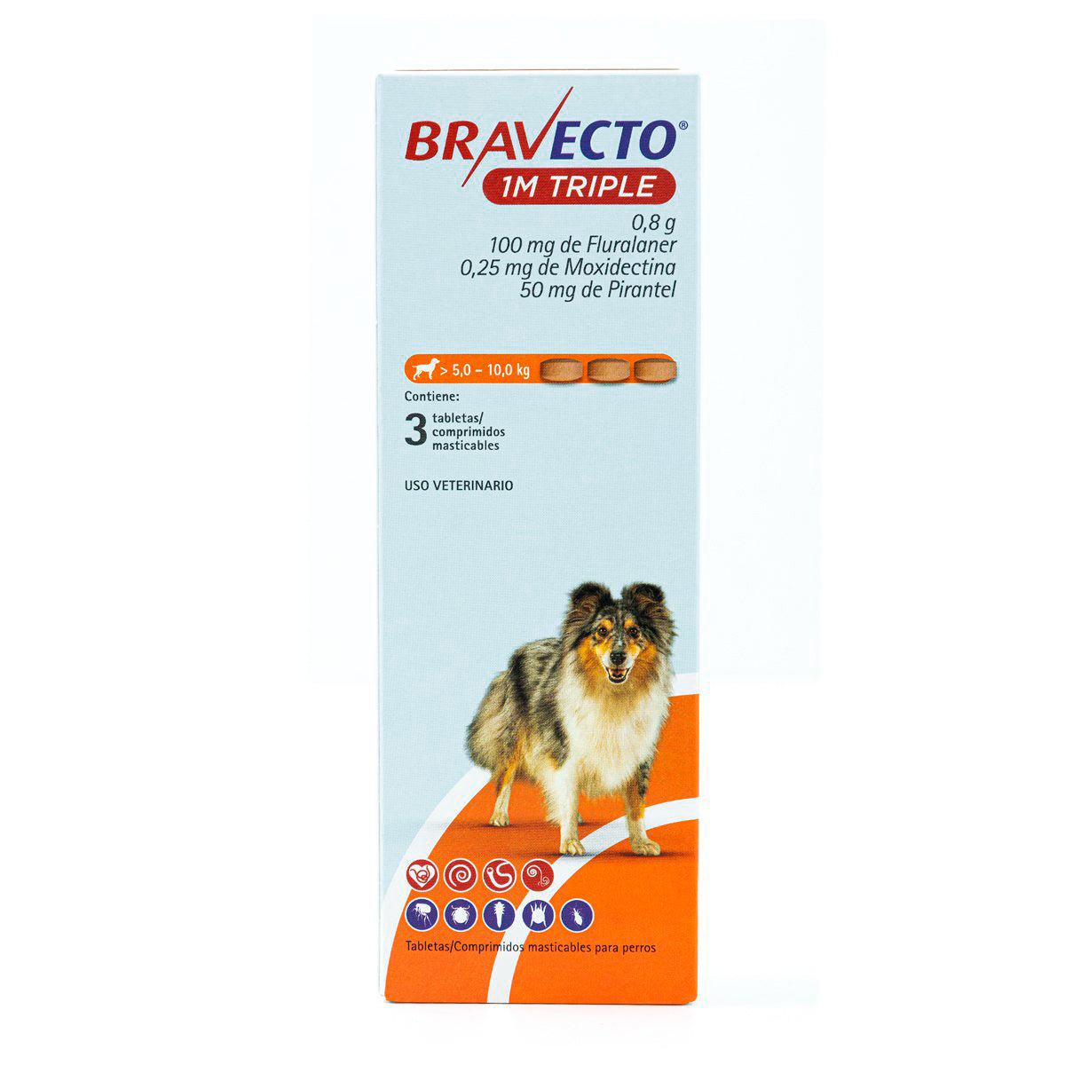 Bravecto 1M Triple, desparasitante para perro de 5 a 10 kg, caja con 3 tabletas masticables (fluralaner, moxidectina y pirantel) | NutriPets Monterrey