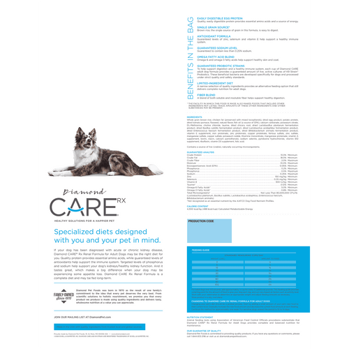 Diamond Care Rx Renal para perro adulto, croquetas para apoyo renal: bolsa (reverso con análisis y guía) | NutriPets Monterrey