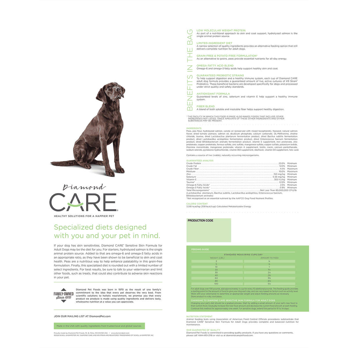 Diamond Care Sensitive Skin, croquetas de salmón hidrolizado para perro adulto con piel sensible: bolsa (reverso con análisis y guía) | NutriPets Monterrey