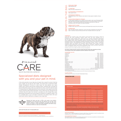 Diamond Care Weight Management, croquetas para control de peso de perro adulto: bolsa (reverso con análisis y guía) | NutriPets Monterrey