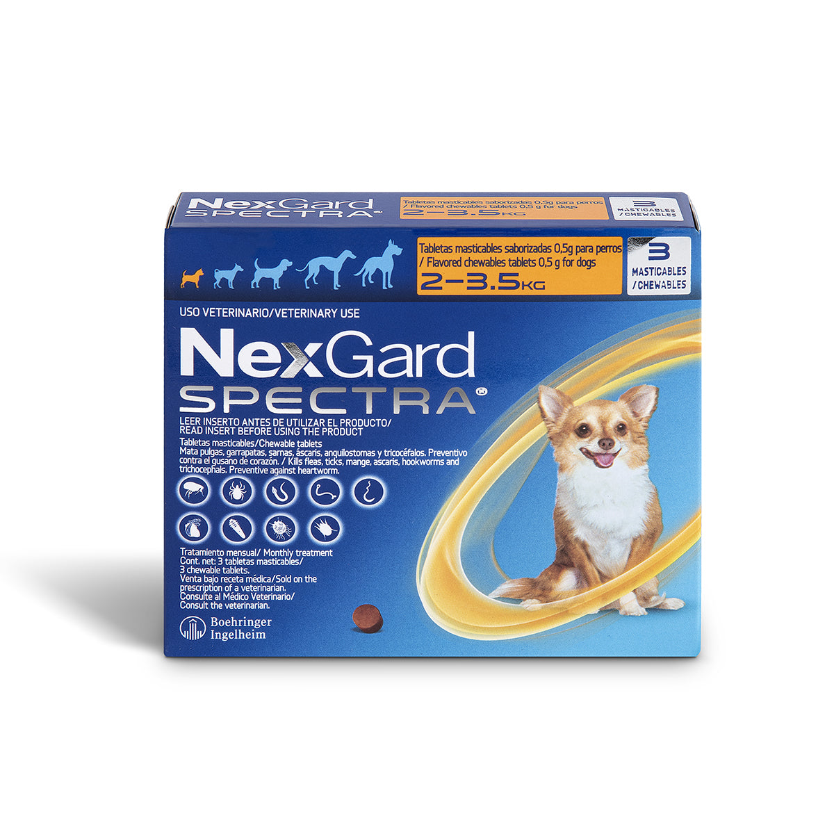 NexGard Spectra, desparasitante para perro de 2 a 3.5 kg, caja con 3 tabletas masticables (afoxolaner y milbemicina oxima) | NutriPets Monterrey