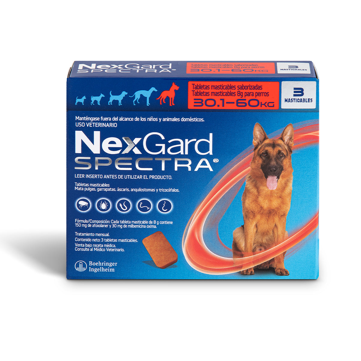 NexGard Spectra, desparasitante para perro de 30.1 a 60 kg, caja con 3 tabletas masticables (afoxolaner y milbemicina oxima) | NutriPets Monterrey