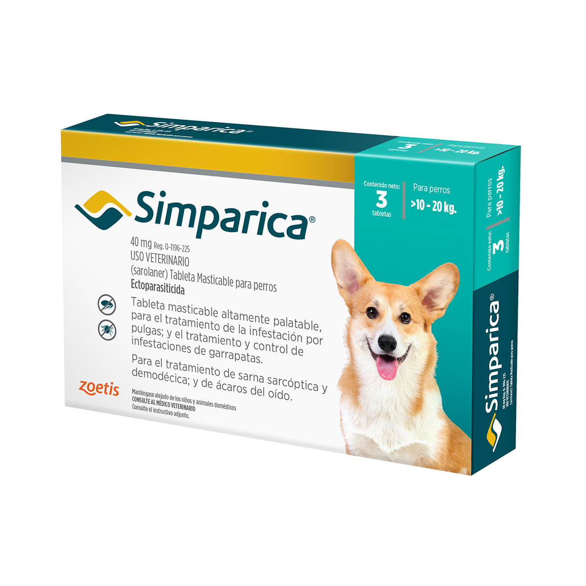 Simparica, desparasitante para perro de 10 a 20 kg, caja con 3 tabletas masticables (sarolaner) | NutriPets Monterrey