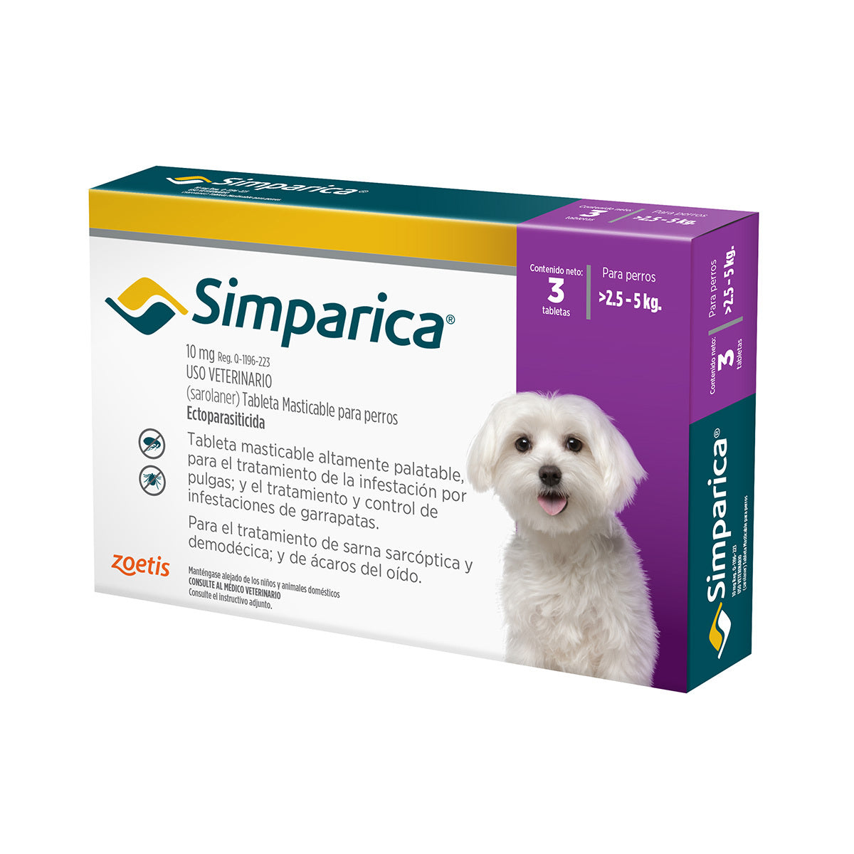 Simparica, desparasitante para perro de 2.5 a 5 kg, caja con 3 tabletas masticables (sarolaner) | NutriPets Monterrey