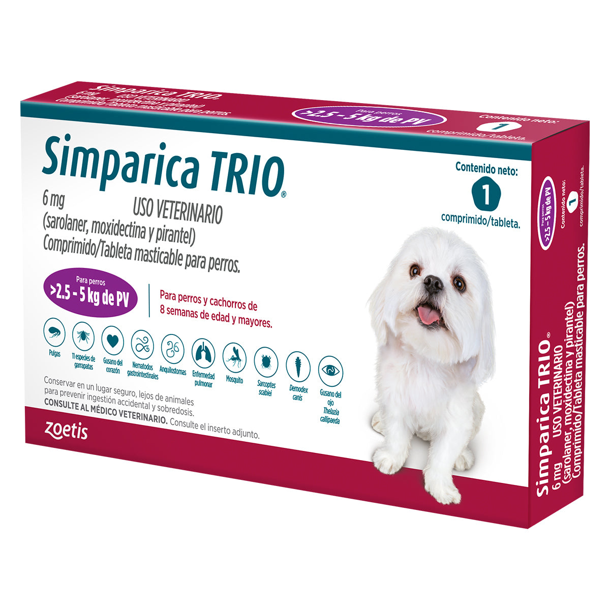 Simparica Trio, desparasitante para perro de 2.5 a 5 kg, 1 tableta masticable (sarolaner, moxidectina y pirantel) | NutriPets Monterrey