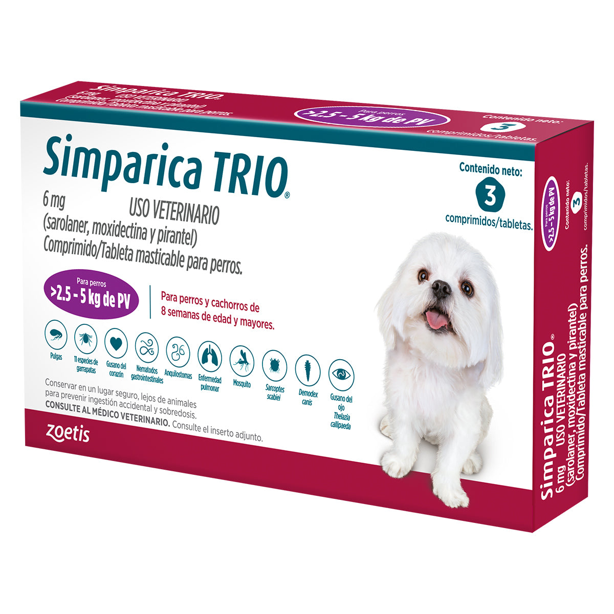Simparica Trio, desparasitante para perro de 2.5 a 5 kg, caja con 3 tabletas masticables (sarolaner, moxidectina y pirantel) | NutriPets Monterrey