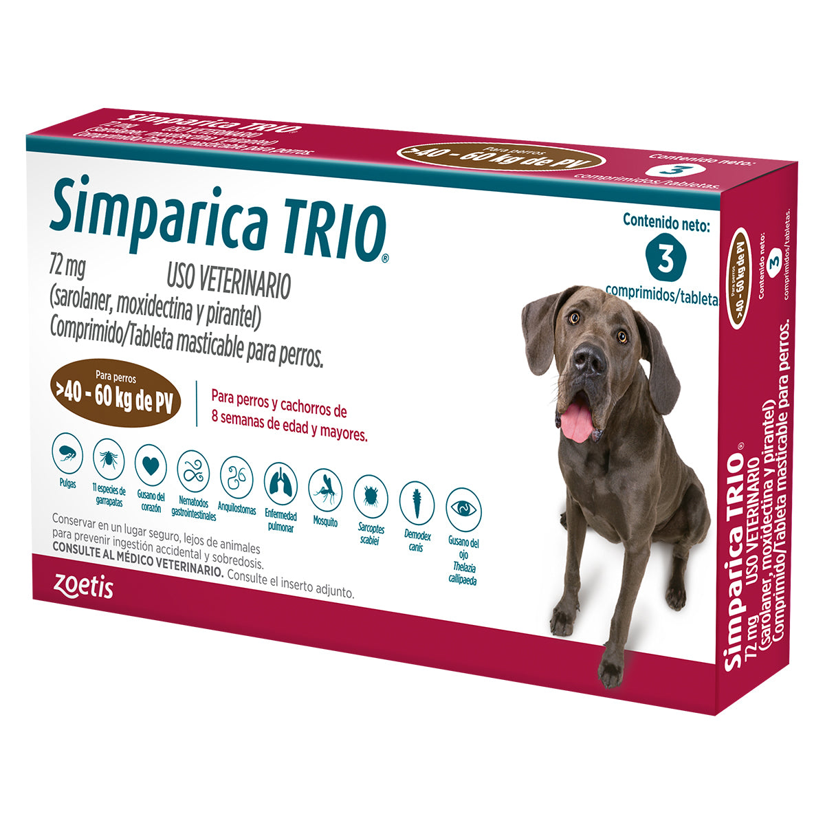 Simparica Trio, desparasitante para perro de 40 a 60 kg, caja con 3 tabletas masticables (sarolaner, moxidectina y pirantel) | NutriPets Monterrey