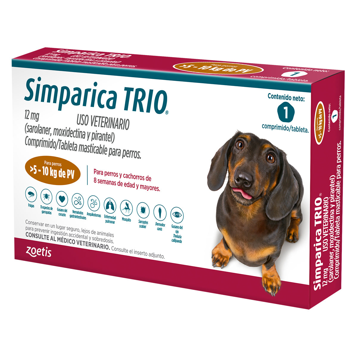 Simparica Trio, desparasitante para perro de 5.1 a 10 kg, 1 tableta masticable (sarolaner, moxidectina y pirantel) | NutriPets Monterrey