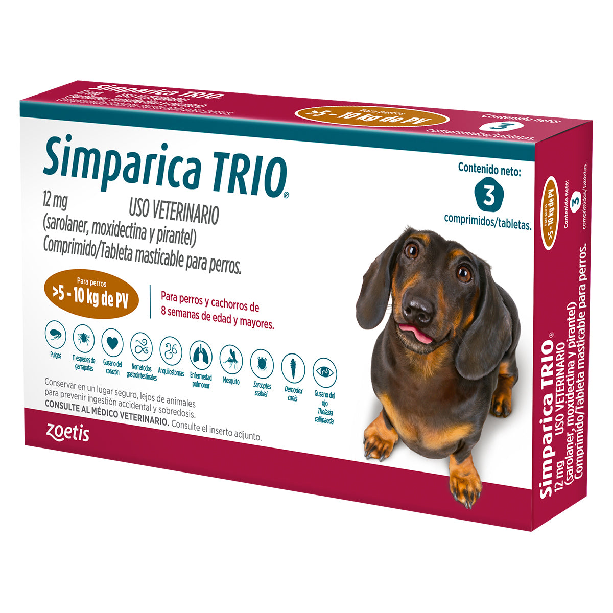Simparica Trio, desparasitante para perro de 5.1 a 10 kg, caja con 3 tabletas masticables (sarolaner, moxidectina y pirantel) | NutriPets Monterrey